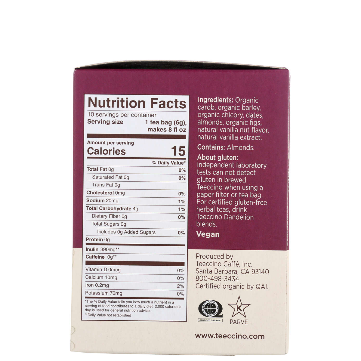 Teeccino Caffiene-Free Vanilla Nut Herbal Coffee Medium Roast - 10 Teabags