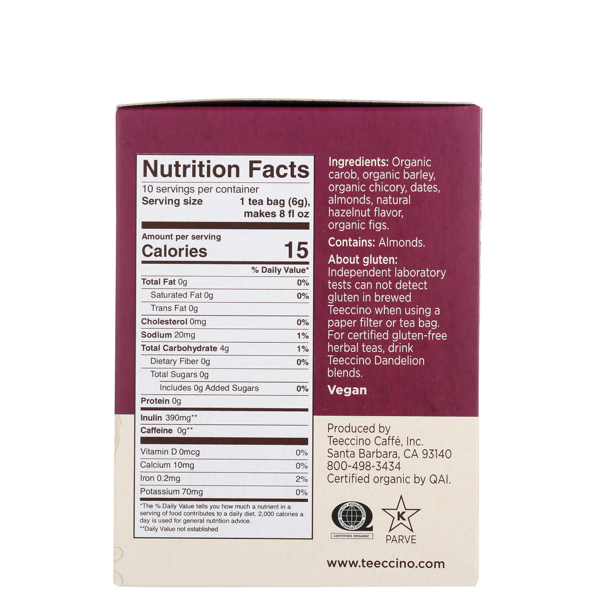 Teeccino Caffiene-Free Hazelnut Herbal Coffee Medium Roast - 10 Teebags
