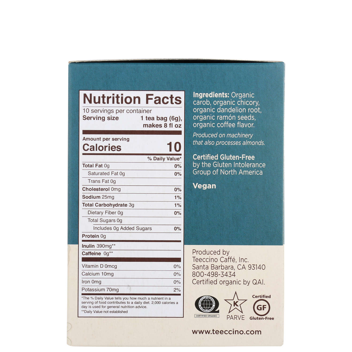 Teeccino Dandelion Dark Roast Herbal Tea - 10 Teabags