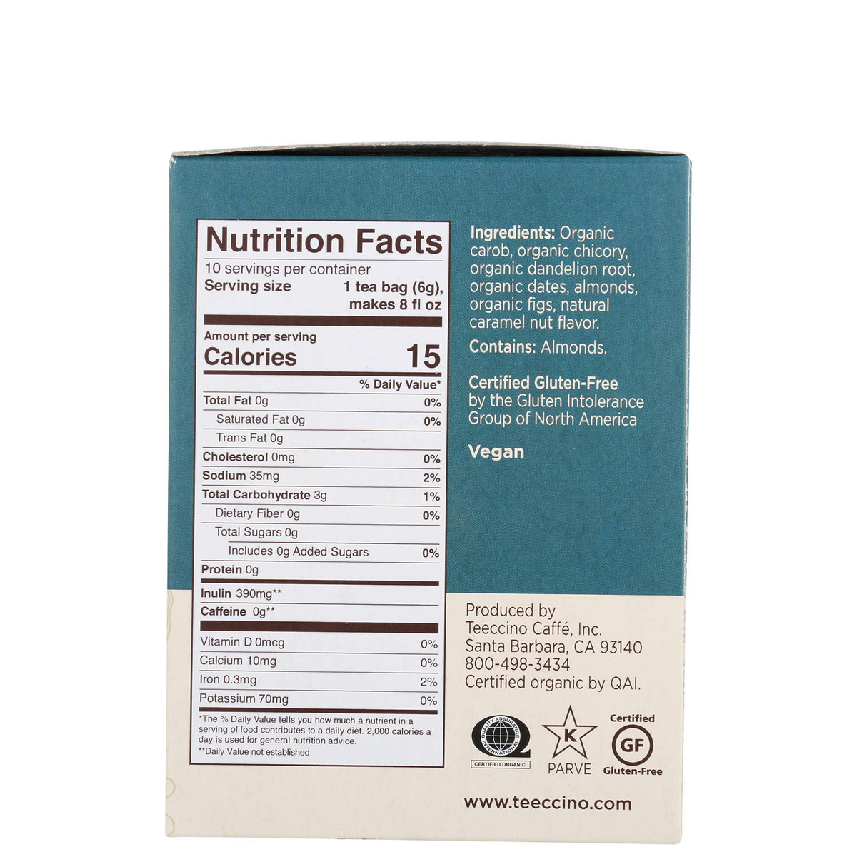 Teeccino Dandelion Caramel Nut Herbal Tea - 10 Teabags