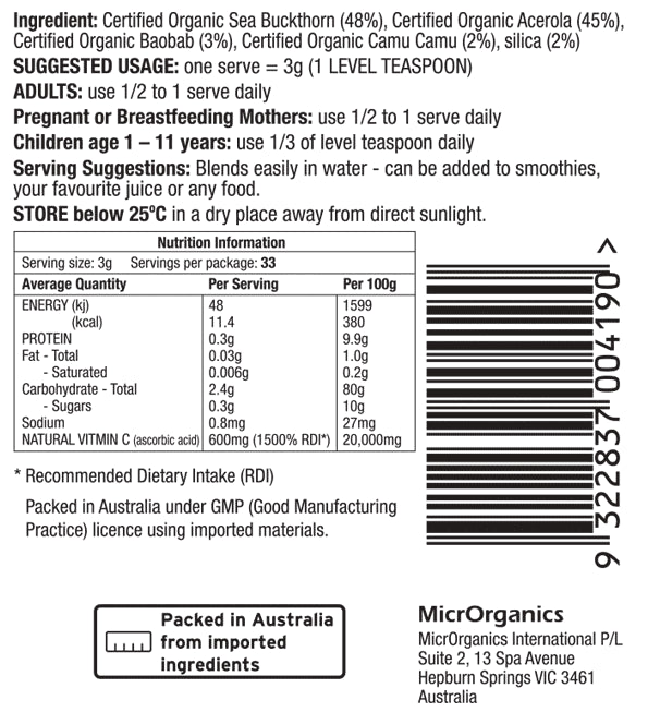 Green Nutritionals Organic Green Vitamin C [SZ:100G TYP:POWDER]
