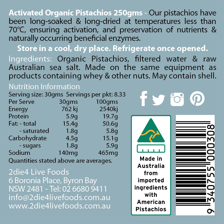 2die4 Organic Activated Pistachios [SZ:100G]